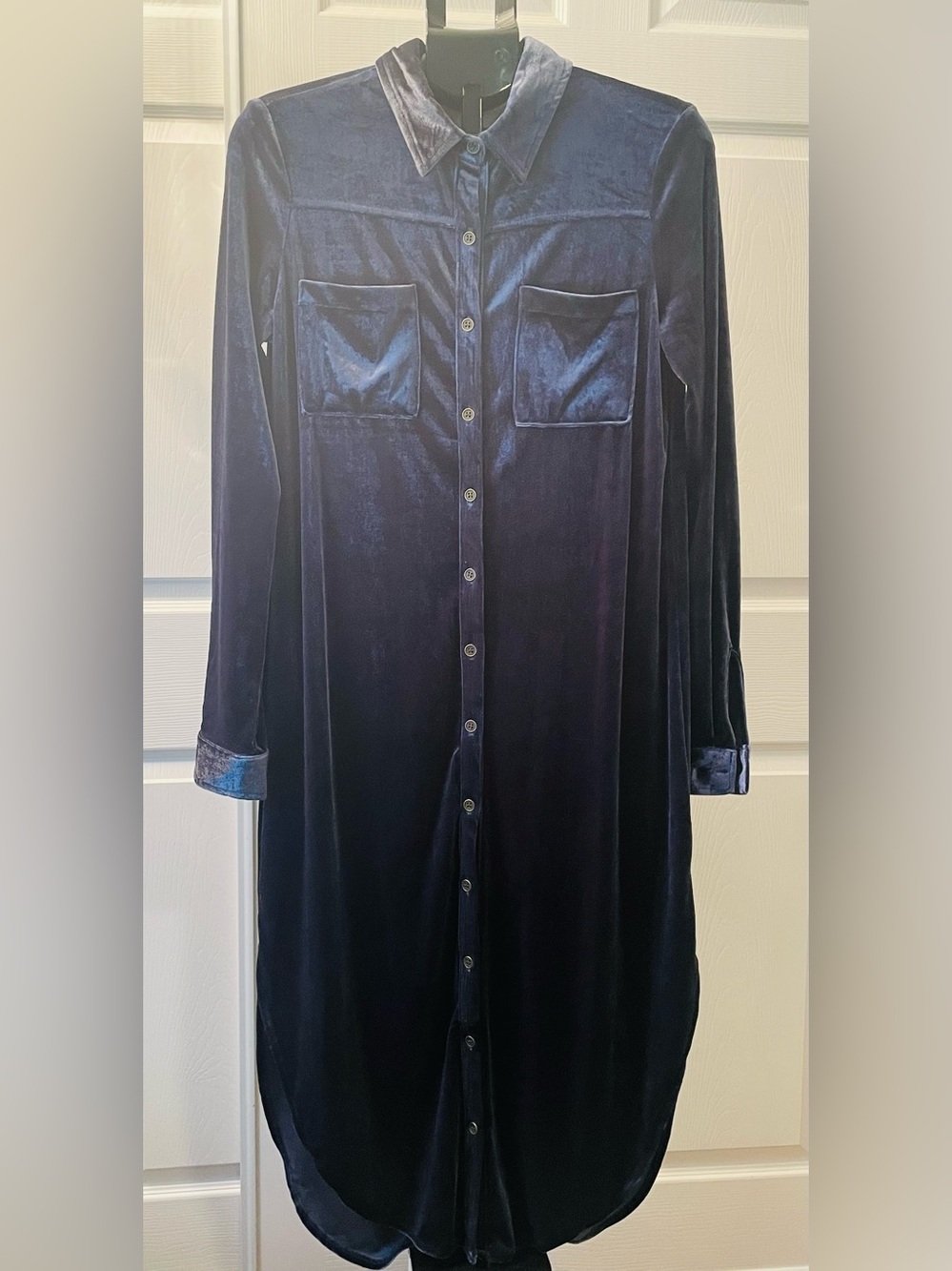 Umgee Steel-Blue Velvet Long-Sleeve Button-Front Shirt Dress